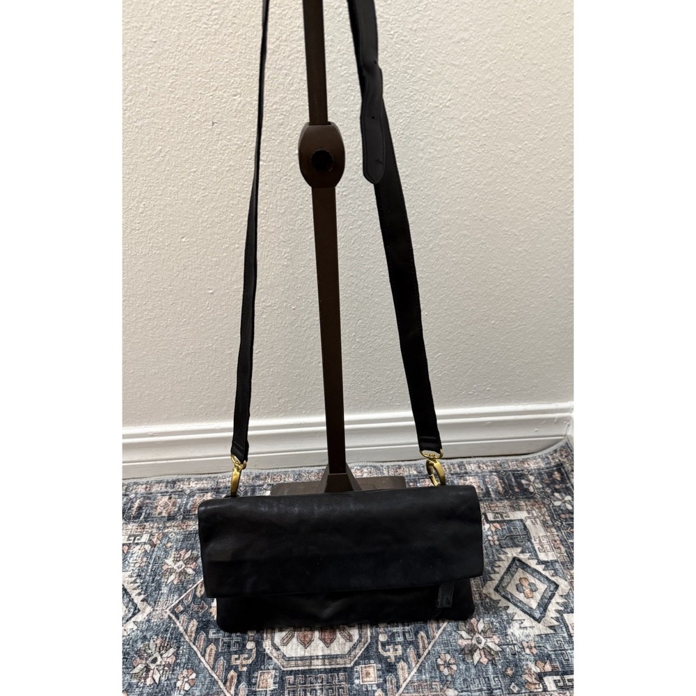 Sseko Black Thick Leather Classic Crossbody Bag Flap Top Shoulder Purse Handbag